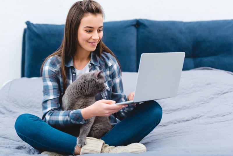 Woman sitting on bed in pet-friendly hotel looking at computer with a cat on her lap