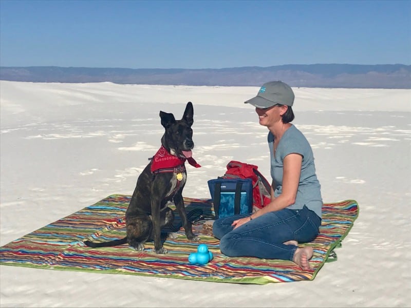 Woman and brindle dog on a picnic blanket in pet friendly White Sands National Park, NM