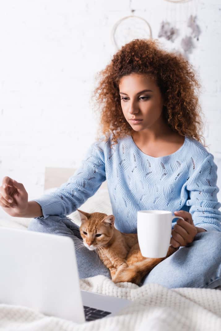 Woman with cat and computer in bed