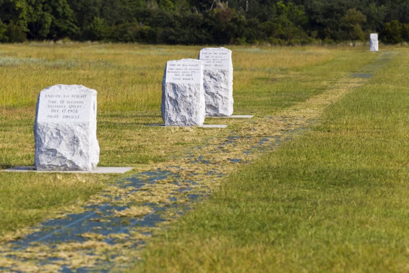 Markers along the flight path at Wright Brothers National Memorial in the dog friendly Outer Banks, NC