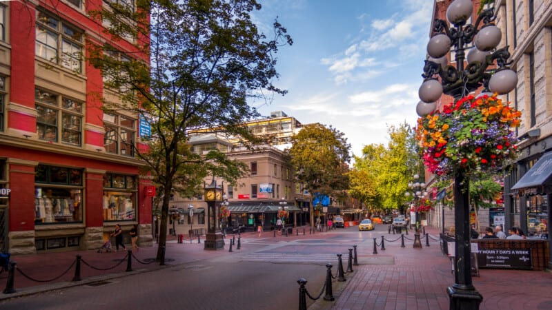 Street view of dog friendly Historic Gastown in Vancouver, BC