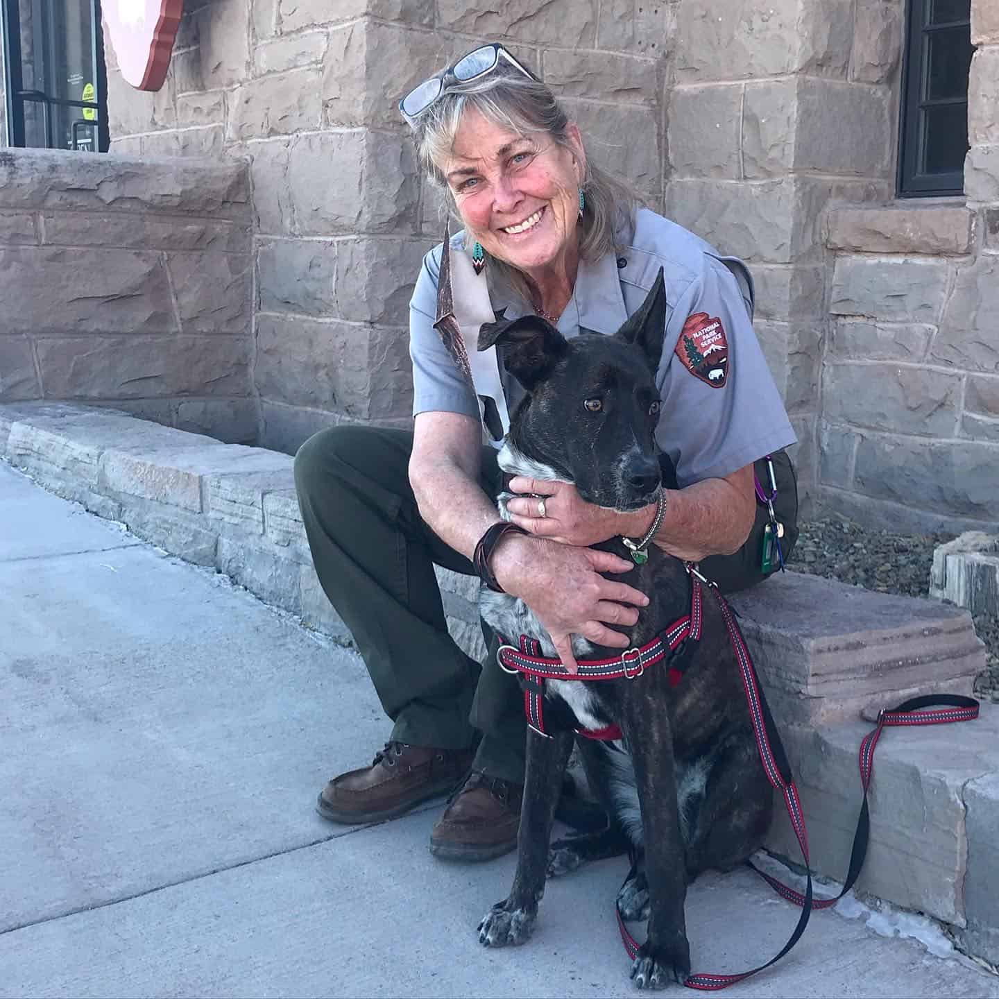 Bark Ranger Myles with human ranger Carol at Petrified Forest National Park