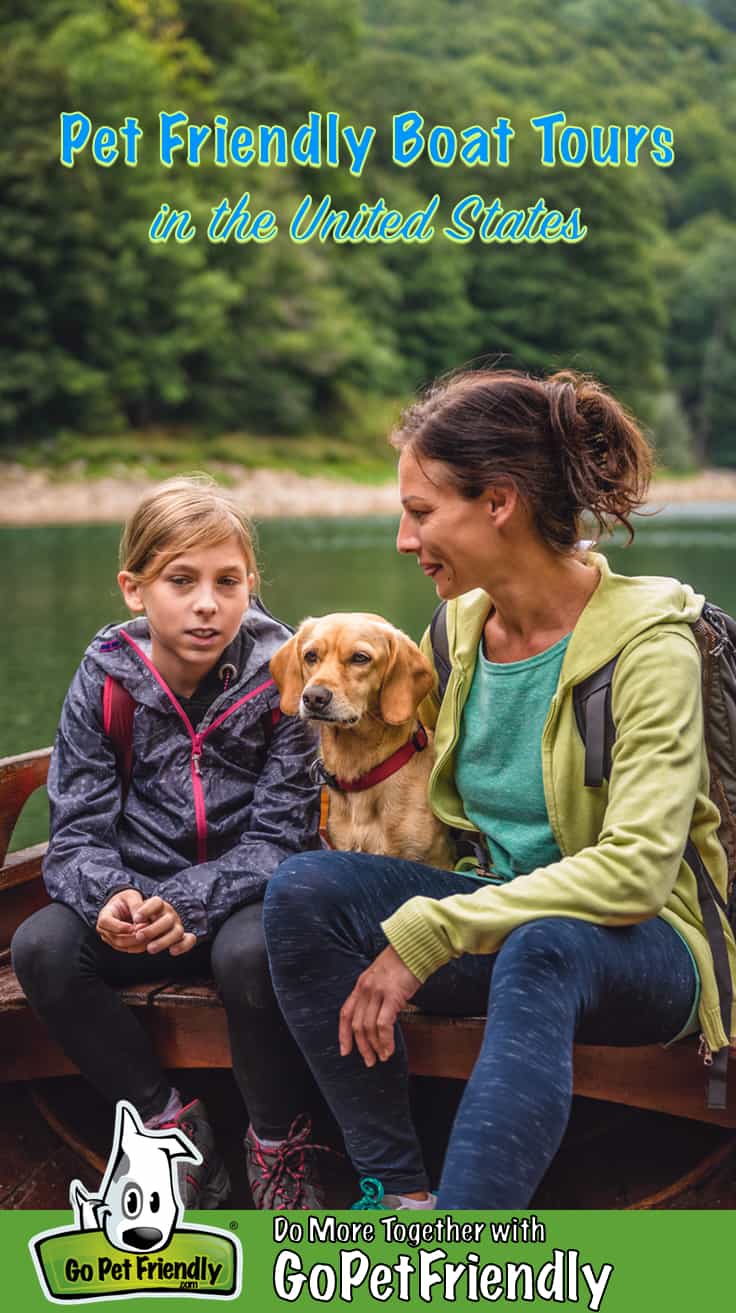 Woman, daughter, and dog on a pet friendly boat tour