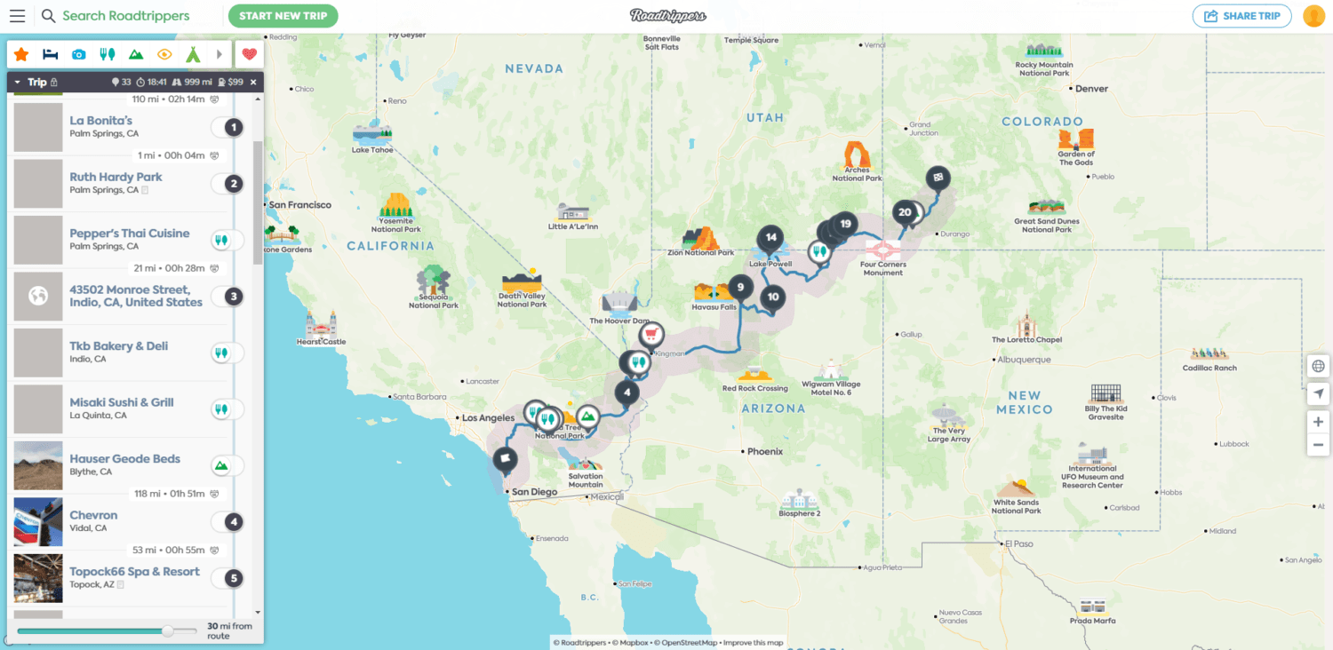 Screen shot of Roadtrippers trip planning app