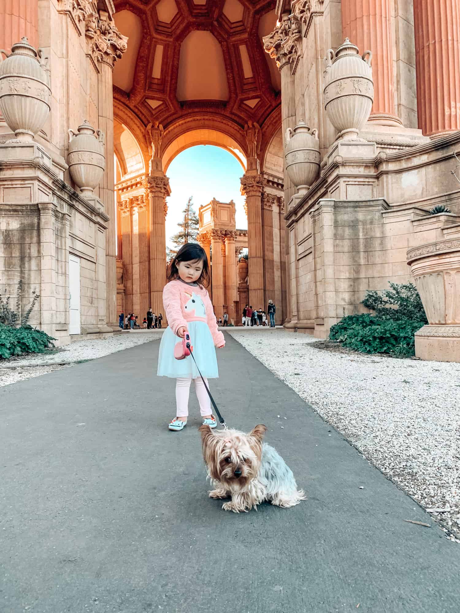 Little girl in a dress with a Yorkie dog on a leash standing in an archway