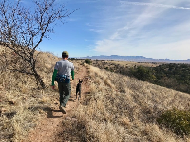 Man and dog on a pet friendly trail near Sonoita, AZ