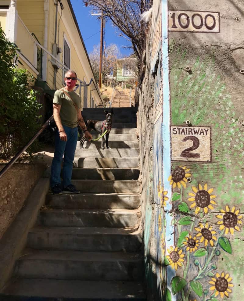 Man and dog on stairway #2 in Bisbee, AZ