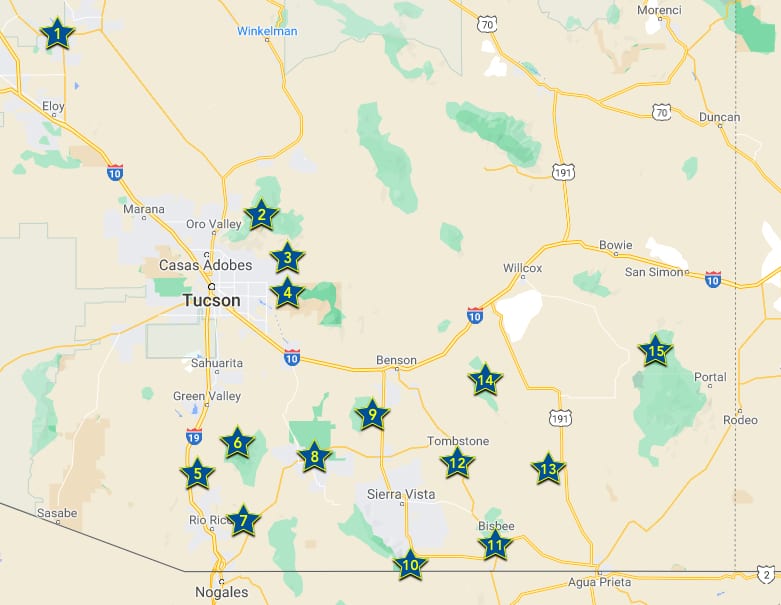 Map of Southern Arizona near Tucson with stars marking dog friendly places