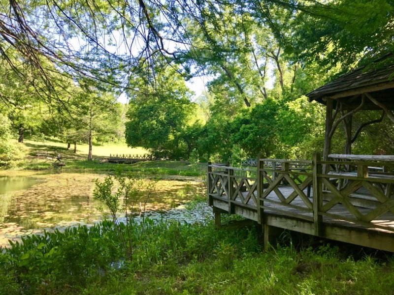 Wooden gazebo in pet friendly Stuart Park in Tulsa, OK