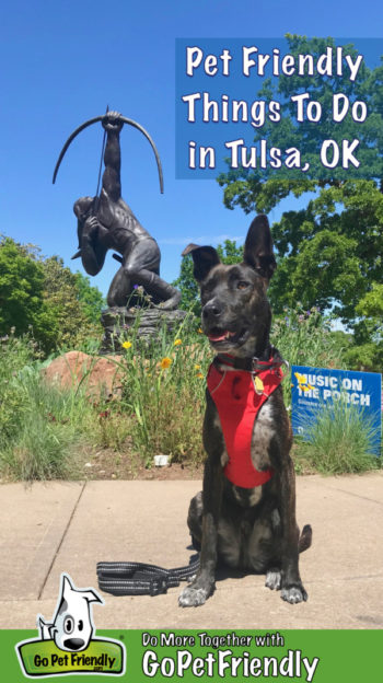 Brindle dog sitting in front of a sculpture in Tulsa, OK
