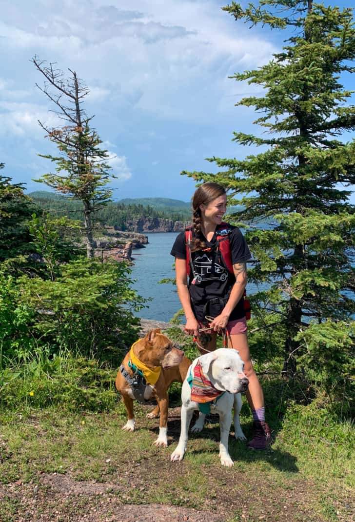 A woman, a brown dog, and a white dog standing in front of pine trees along the Lake Superior shoreline in Minnesota