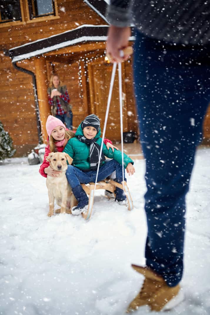 Kinderen gekleed voor de winter op een slee met een hond die wordt voortgetrokken door een man