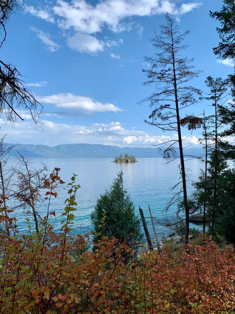 View through some trees of a small pine tree cover island on Flathead Lake, Montana