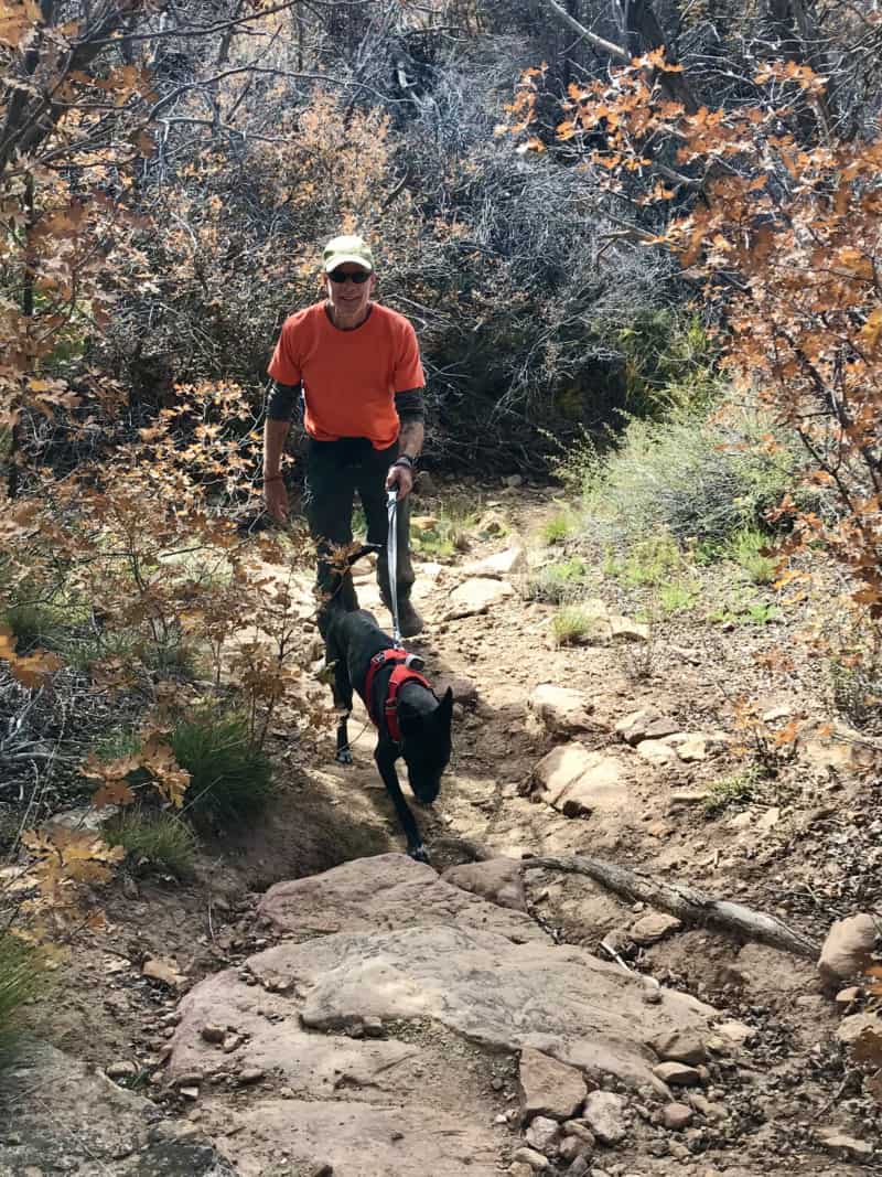 Man walking dog on Sand Canyon Trail in Canyon of the Ancients National Monument - Delores, CO