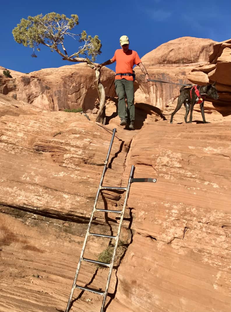 Man and dog on pet friendly Corona Arch Trail in Moab, UT