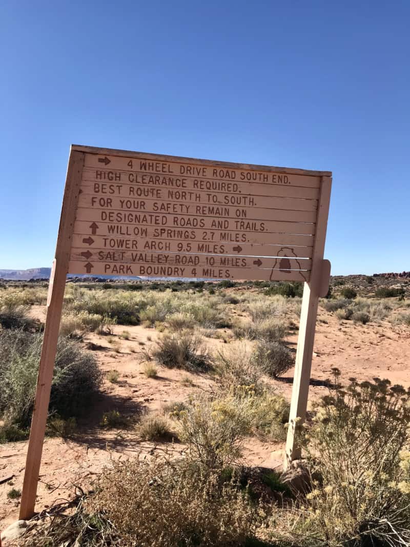 Sign for technical four-wheel-drive road in Arches National Park - Moab, UT