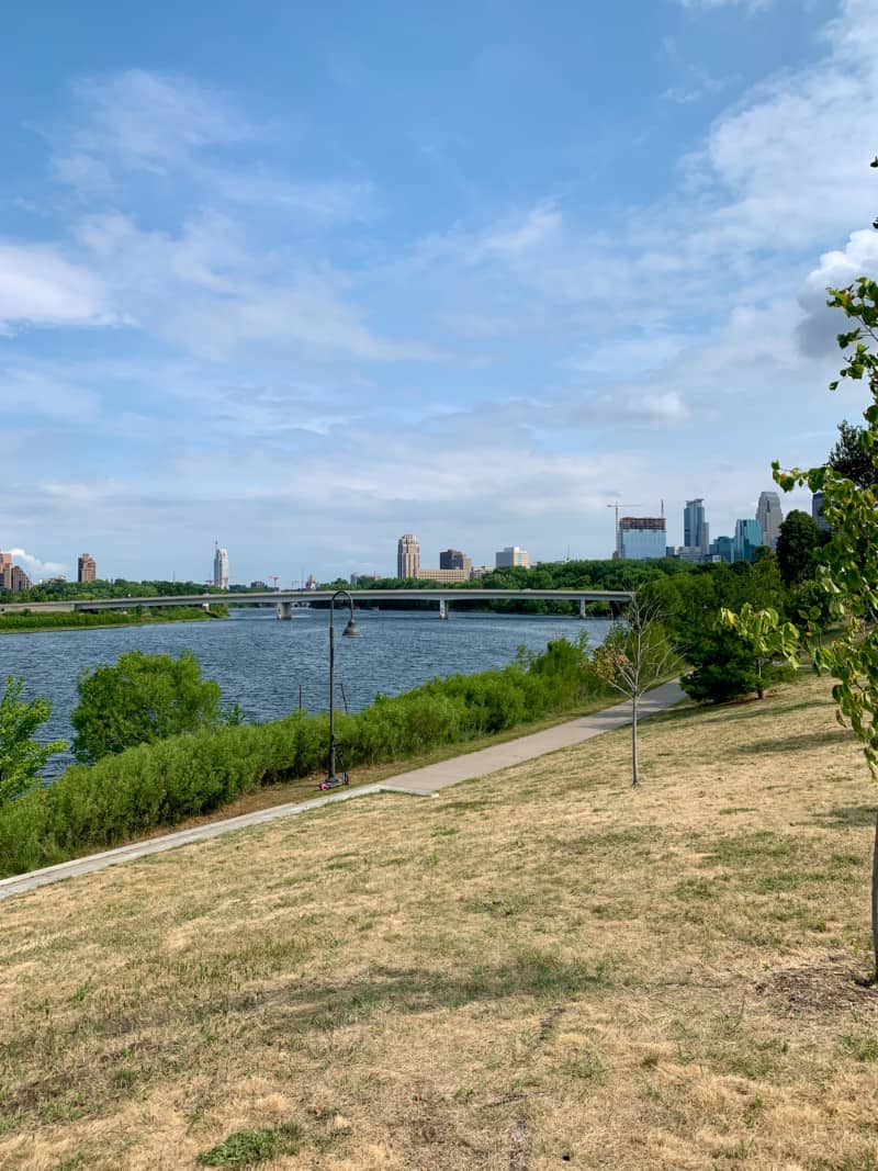 View of Minneapolis and Saint Paul from the walking path along the Mississippi River in Minneapolis, Minnesota