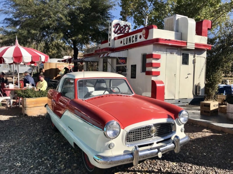 Antique car parked in front of Dot's Diner in Lowell, AZ