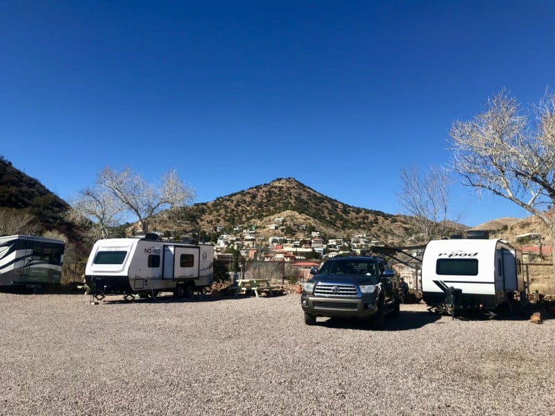 RVs at the Queen Mine RV Park with the city of Bisbee, AZ in the background