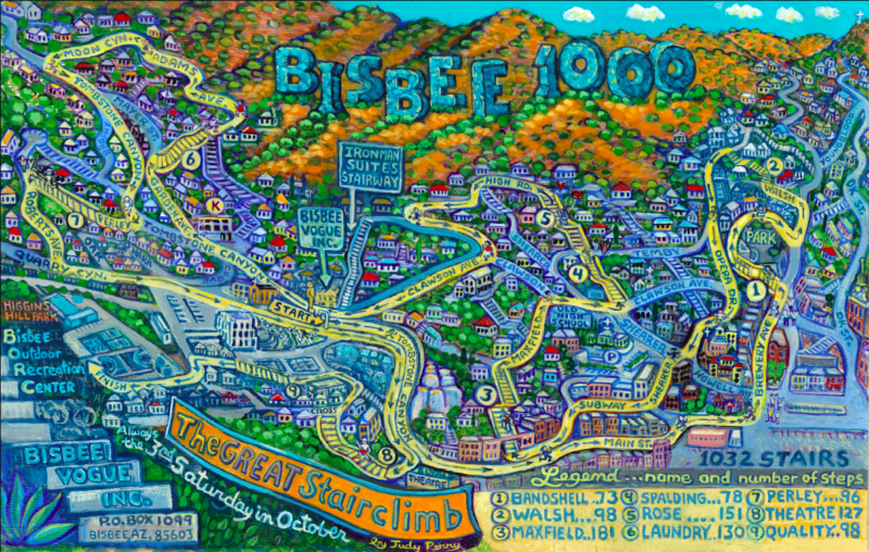 Mural showing the map of the Bisbee 1000 Stair Climb in Bisbee, AZ