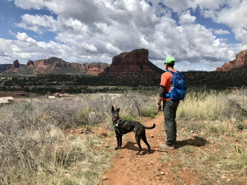 Man and dog admiring views of red rock formations on a dog friendly trail in Sedona, AZ