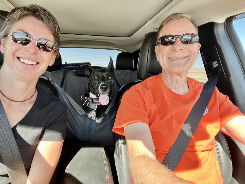 happy woman, dog and man in car