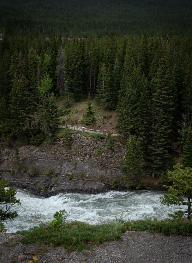 View of the pet friendly Bow Falls trail in Banff from above. Pathway along the river.
