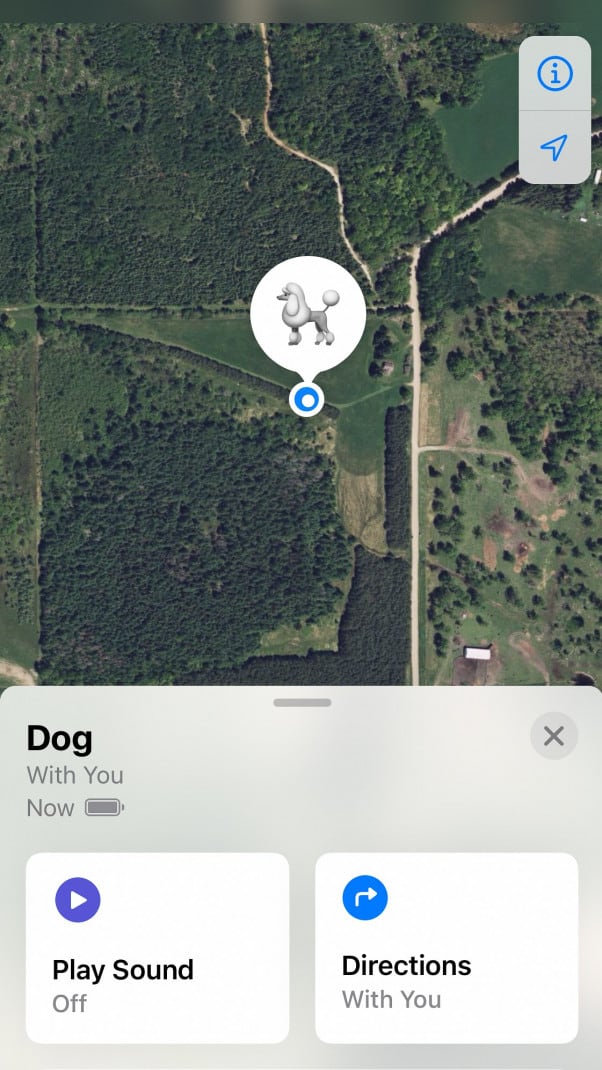 Screenshot of the Apple AirTag Find My Device app showing a map of the device's current location. 