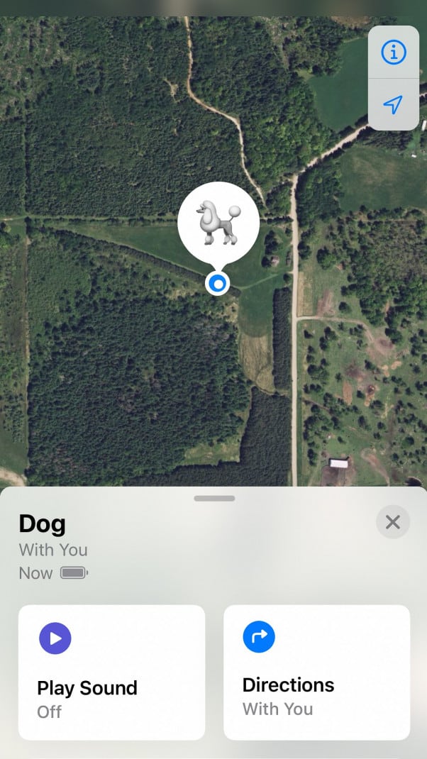 Screenshot of the Apple AirTag Find My Device app showing a map of the device's current location. 