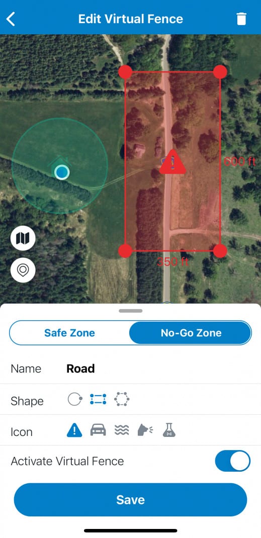 Screenshot of the Tractive GPS dog tracking app displaying Safe and No-Go zones 