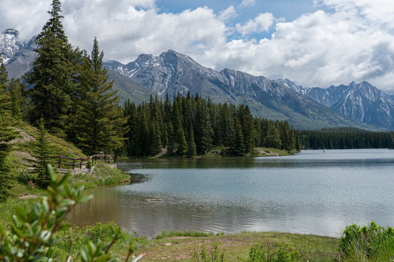 View of pet friendly hiking trail along Johnson Lake in Banff.