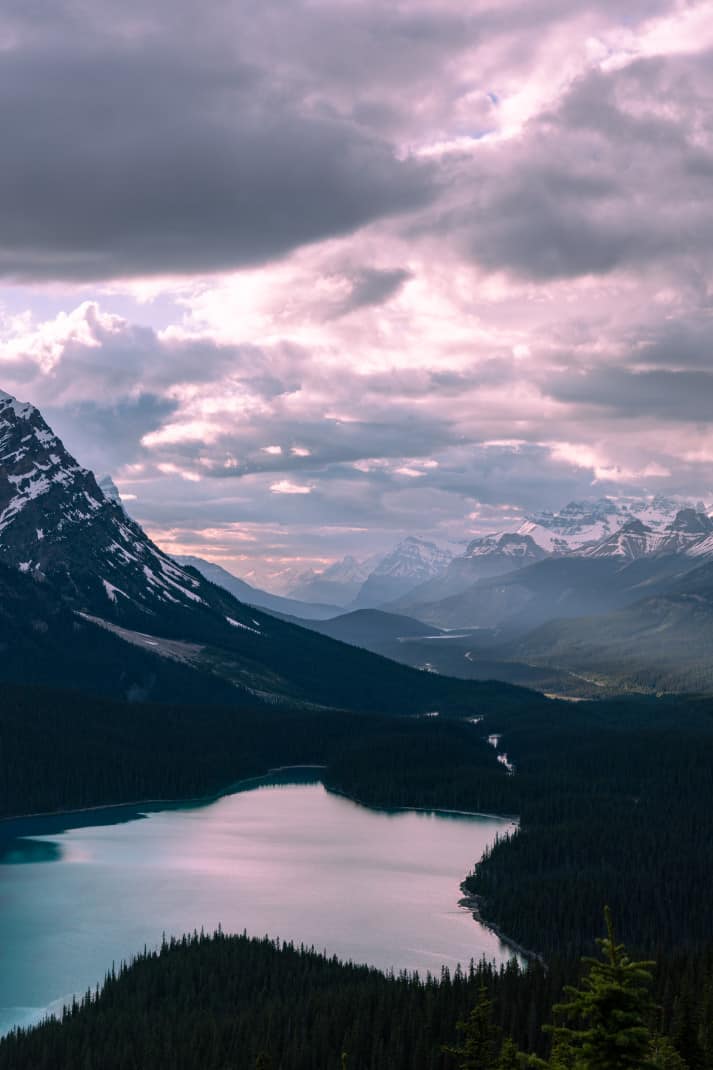 Landscape view of Peyto Lake and mountains.