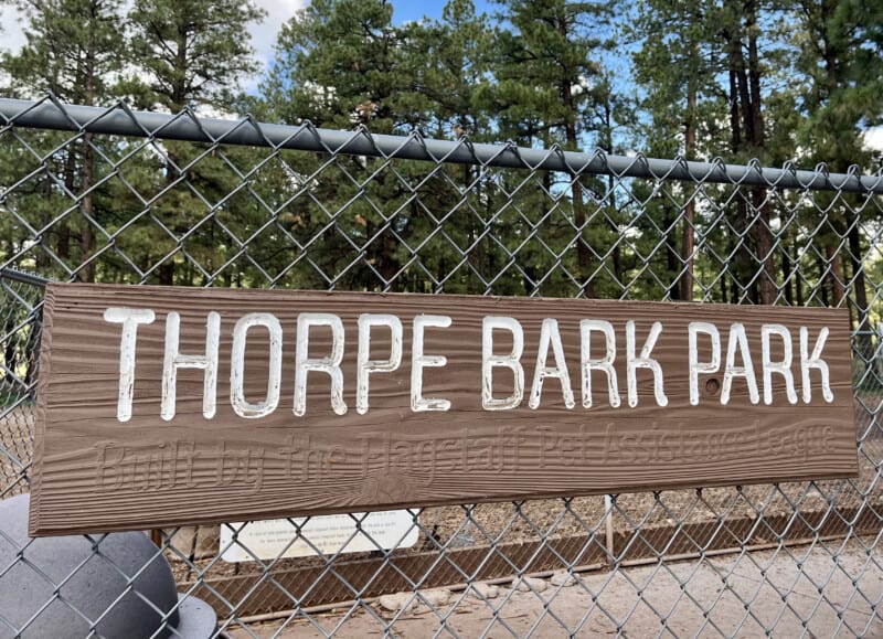 Sign for Thorpe Park Bark Park in Flagstaff, AZ - car rides with dogs