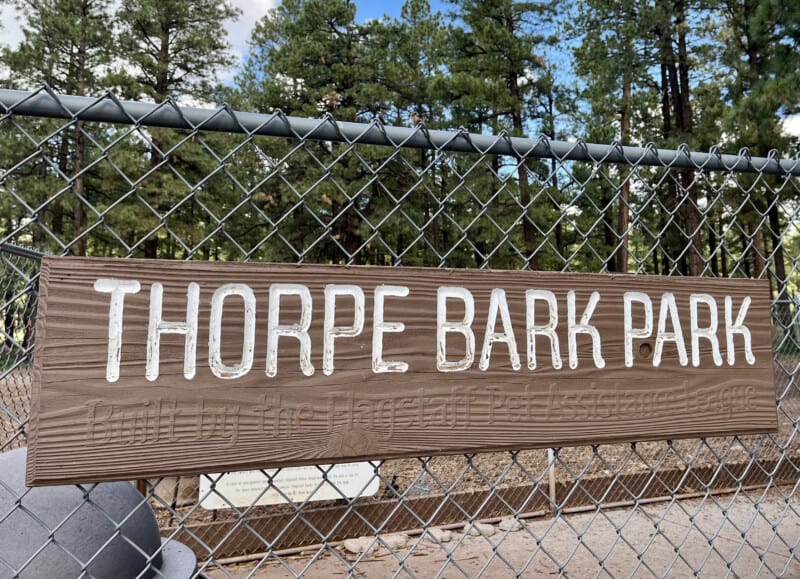 Sign for Thorpe Park Bark Park in Flagstaff, AZ - car rides with dogs