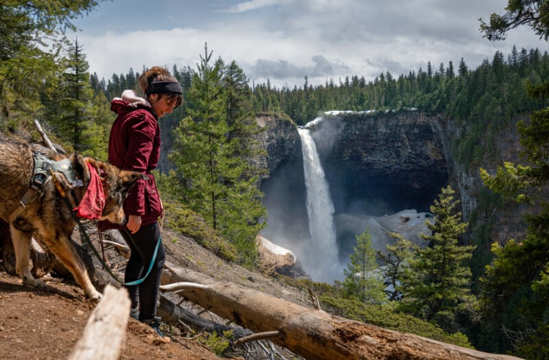 Woman and her dog hiking at Helmcken Falls on a road trip from Vancouver to Kamloops.