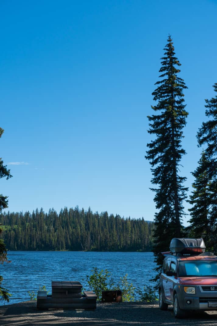 View of a lake side campsite.