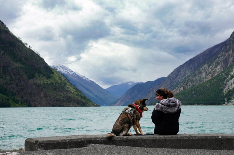 Woman and her dog sitting at a blue mountainous lake side stop driving from Vancouver to Kamloops. Seton Lake, Lillooet, BC.