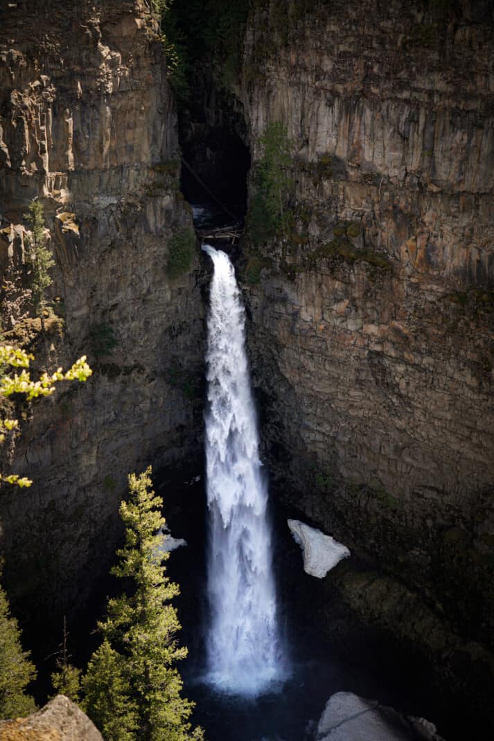 A tall plunging waterfall through a gorge in Wells Gray Provincial Park. Spahats Falls.