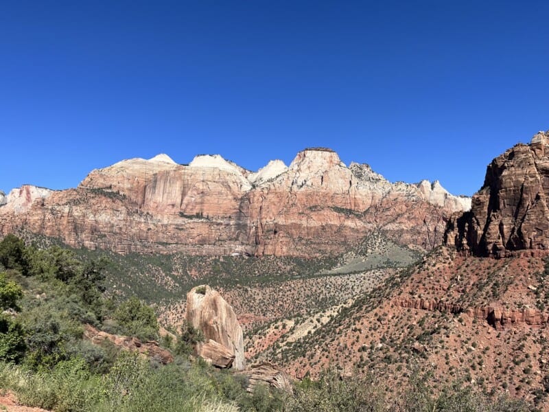 View of red and white rock cliffs at Zion National Park, UT