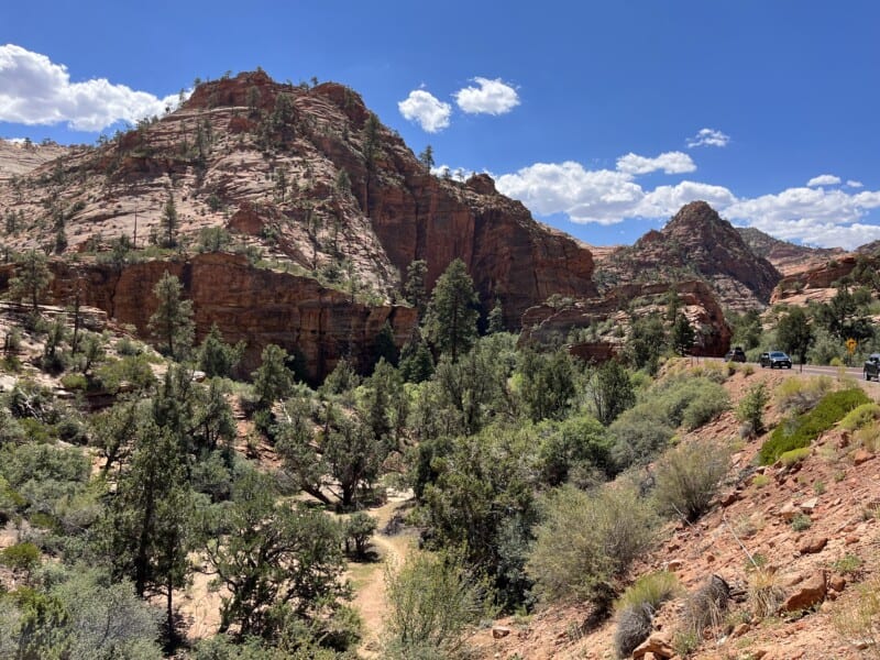 View of red and white rock cliffs at Zion National Park, UT