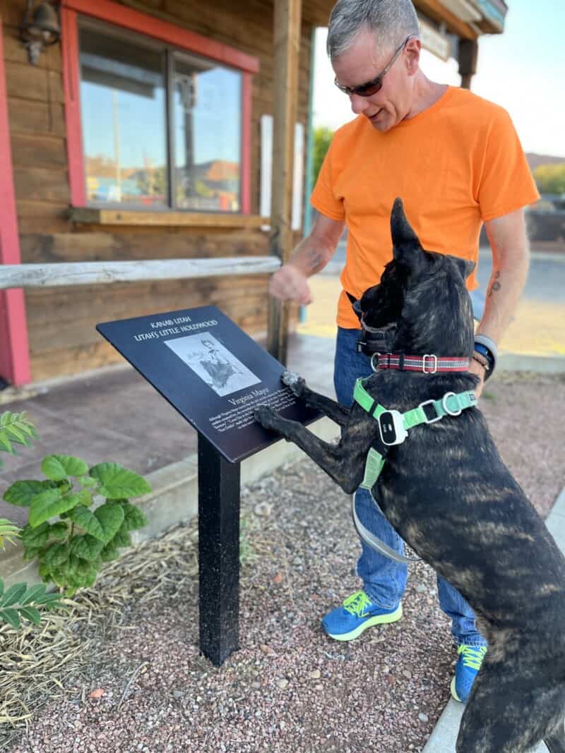 Brindle dog and a man reading a plaque in Kanab, UT
