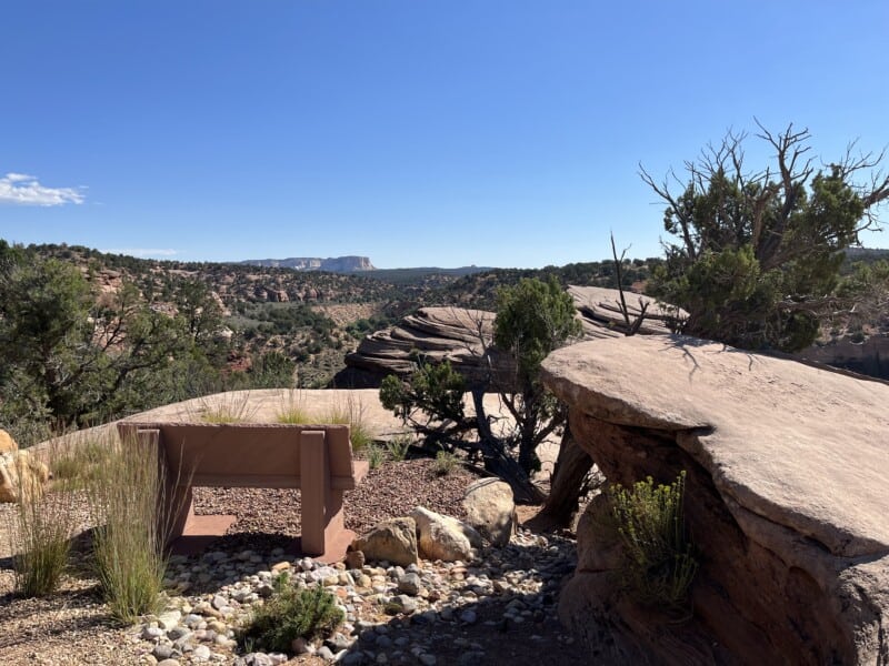 Bench overlooking the view from Angels Overlook at Best Friends Animal Sanctuary in Kanab, Utah