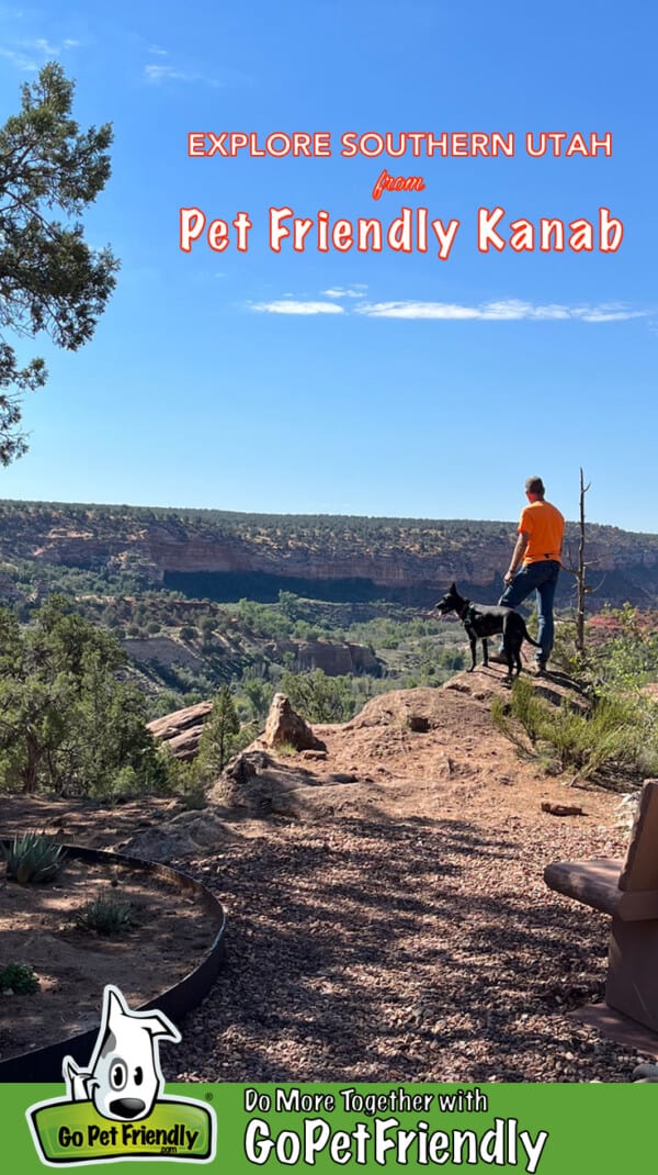 Man and dog standing at the edge of a cliff near pet friendly Kanab, Utah