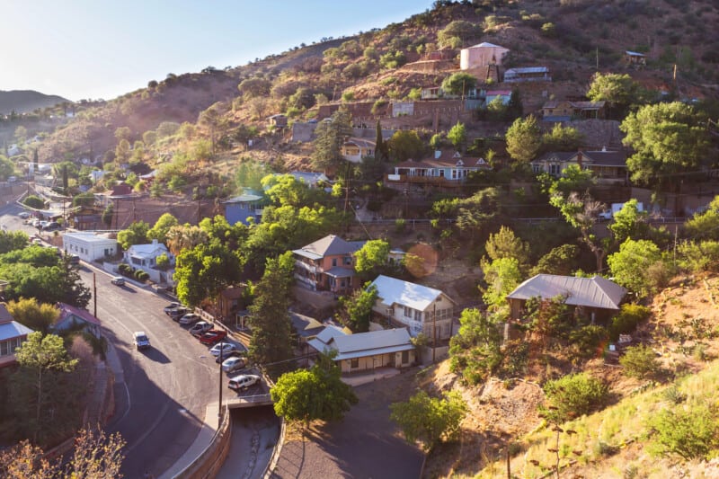 Houses on a hillside in the late afternoon sunshine in Bisbee, AZ