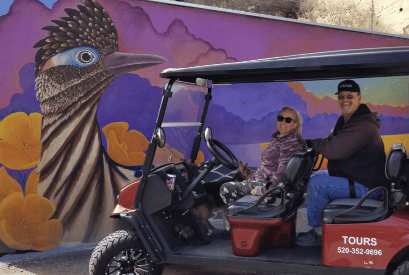 Dog on a pet friendly golf cart tour in Bisbee, AZ