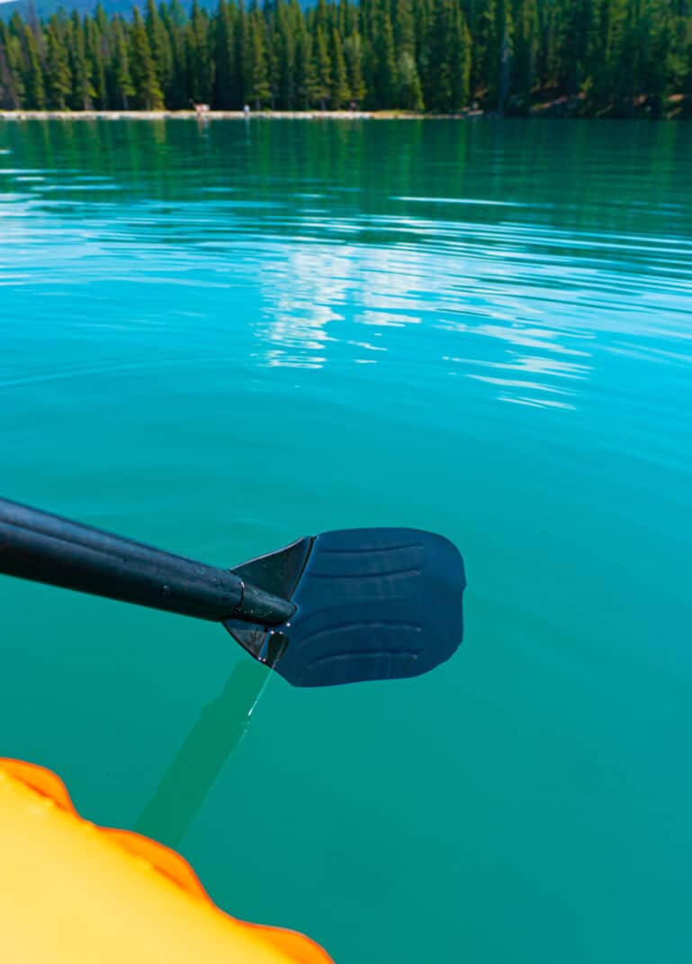 A black paddle dipped in the waters of Annette Lake to show how clean, clear and blue the water is.