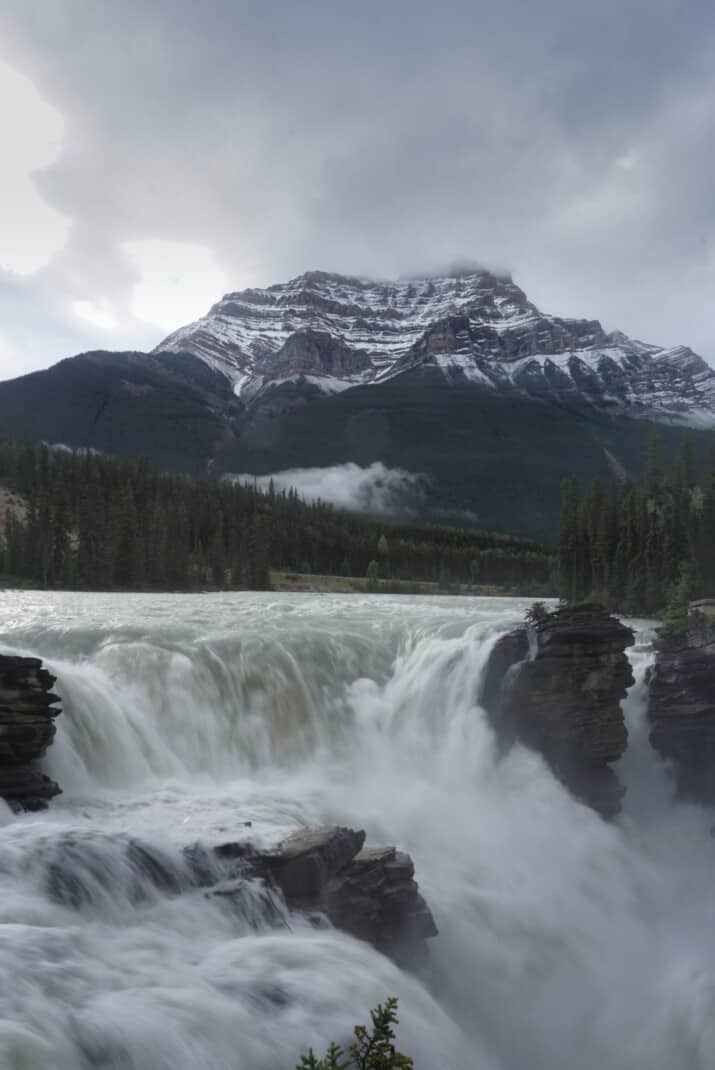 A slow shutter image of Athabasca Falls in Jasper National Park.