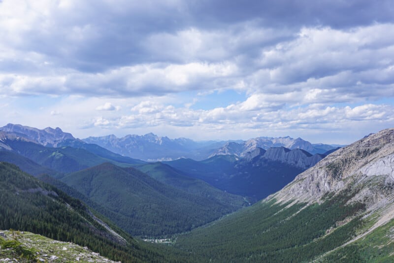 Panoramic endlessly layered mountain views from pet friendly Sulphur Skyline trail in Jasper.