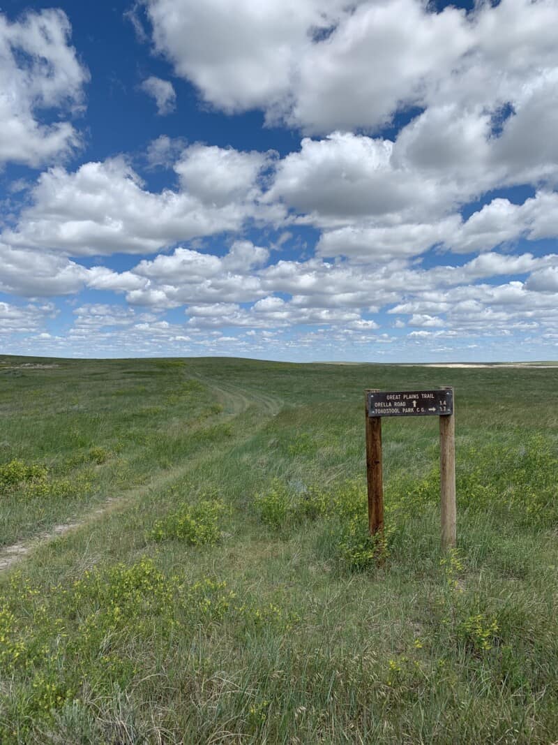 A trail through a grassy field with a wooden sign noting directions for the Great Plains Trail, Orella Road, and Toadstool Geologic Campground