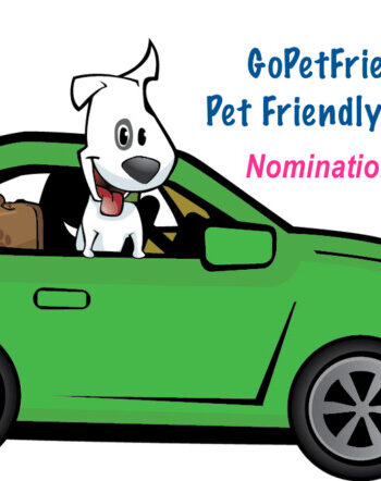 White cartoon dog in green car with suitcase - GoPetFriendly logo